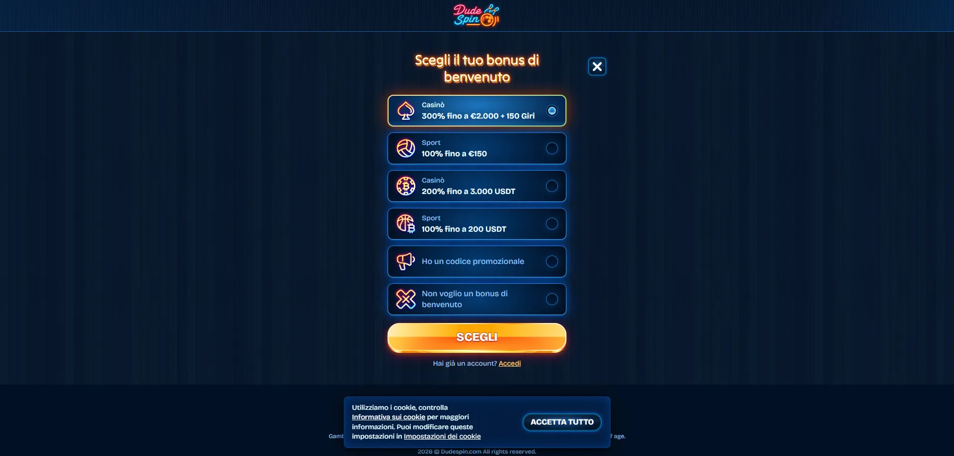 Procedura di registrazione account Dudespin Casino &mdash; semplice e veloce
