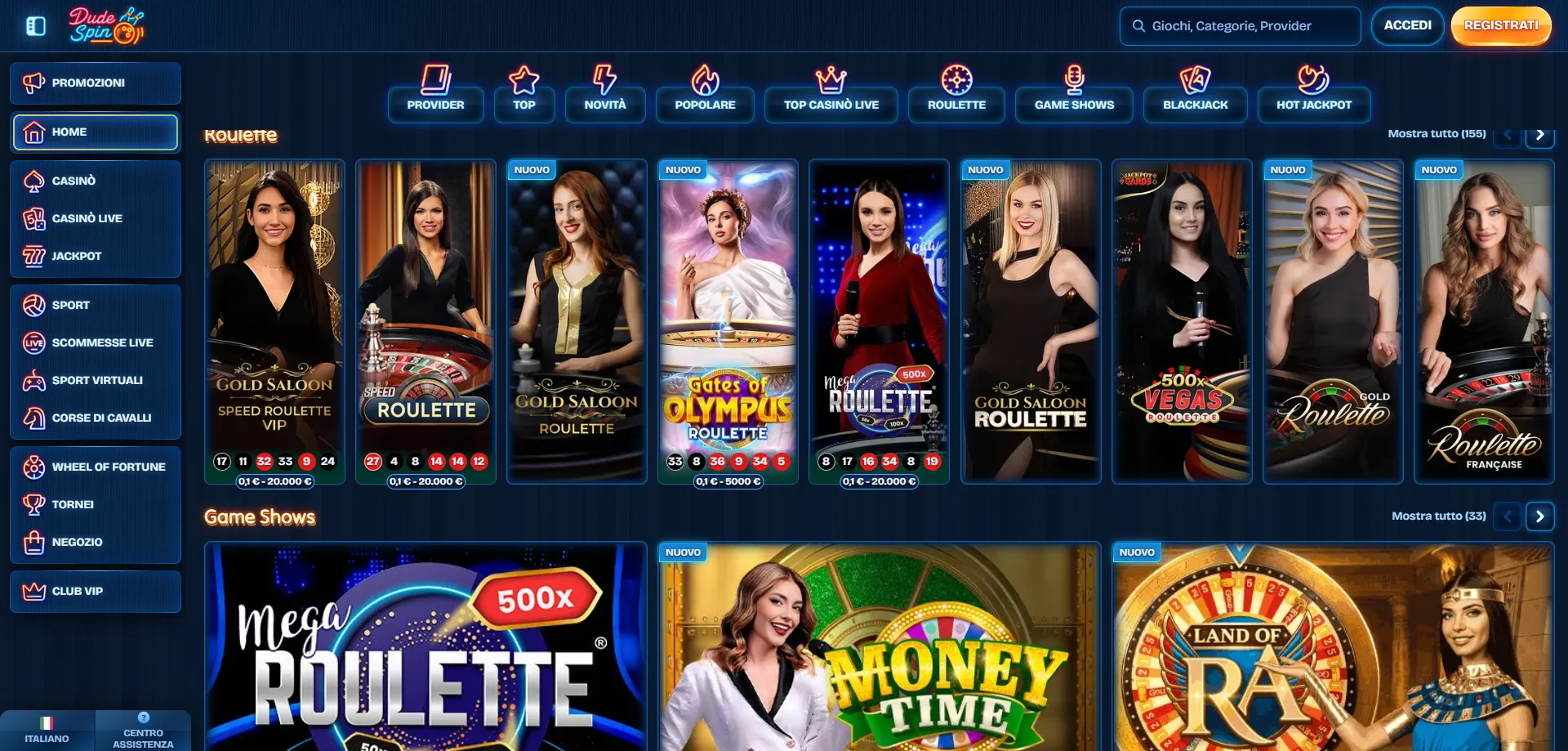 Live casino e slot in tempo reale su Dudespin Casino
